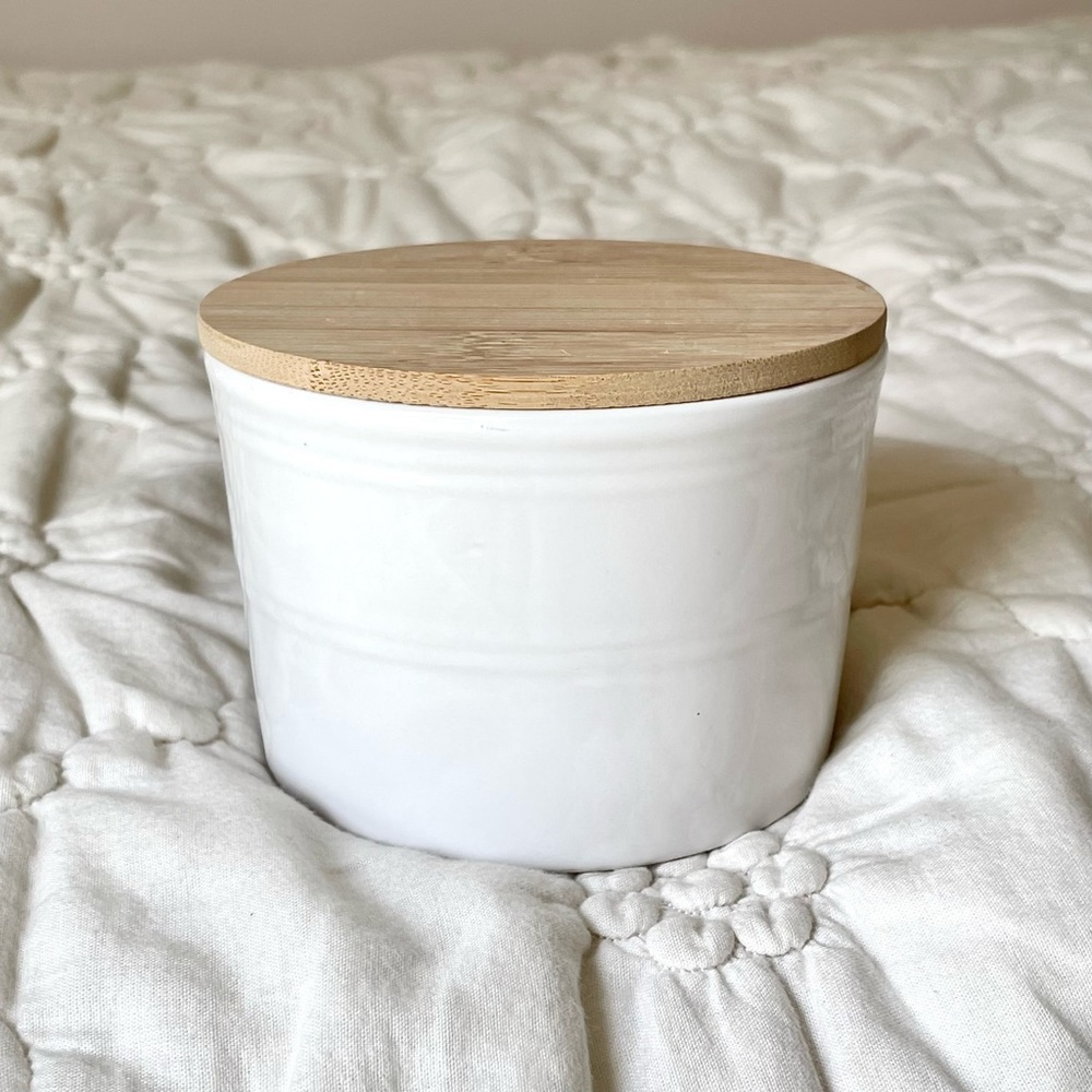 White Ceramic Container with Wooden Lid